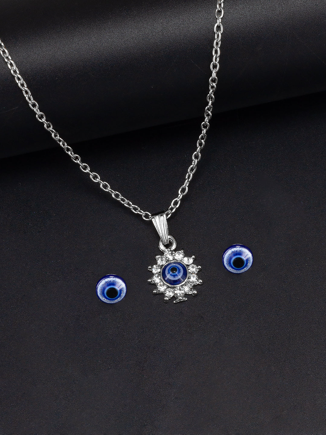 Silver Plated Evil Eye & Floral Shaped Pendant & Studs Set