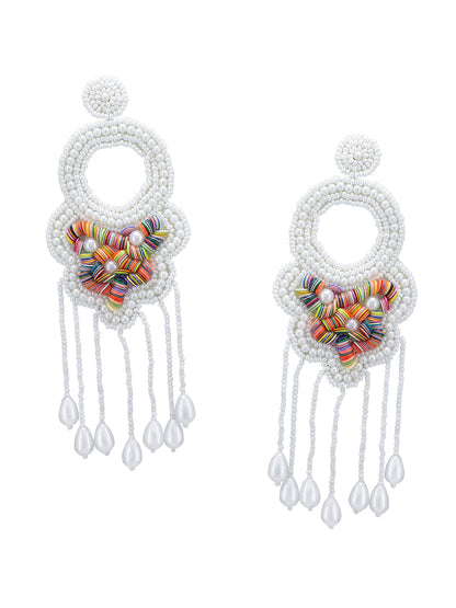 White Beaded Tasselled Big Drop Earrings