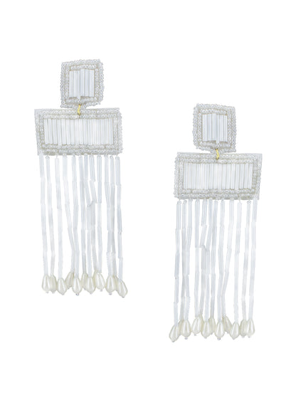 White Beaded Square Shaped Drop Earrings