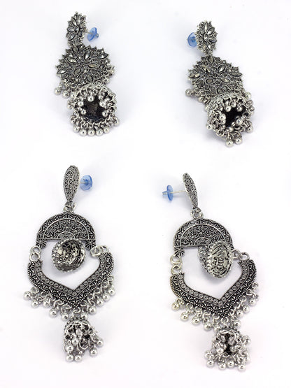 Pack Of 2 Silver-Oxidised Contemporary Artificial Stones Studded Jhumkas