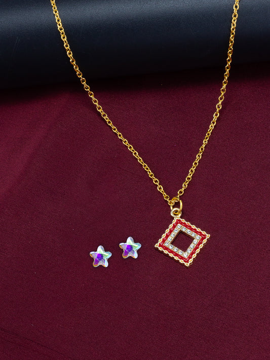 Gold Plated & Red Square Shaped Pendant & Studs Set