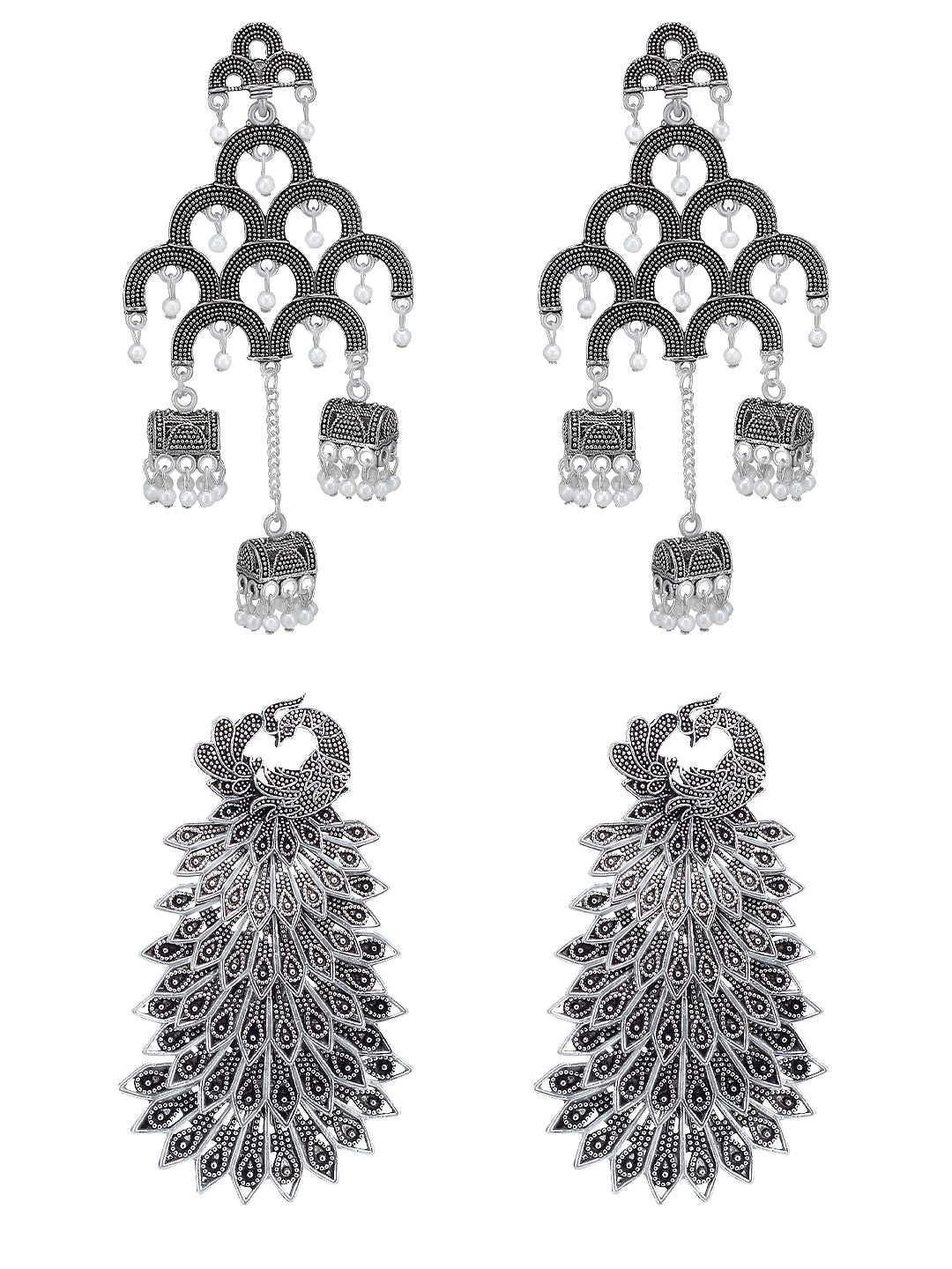 Pack Of 2 Silver-Oxidised Peacock Shaped Artificial Stones Studded Jhumkas