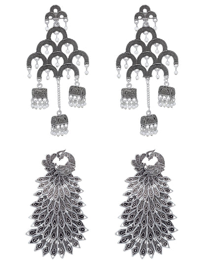 Pack Of 2 Silver-Oxidised Peacock Shaped Artificial Stones Studded Jhumkas