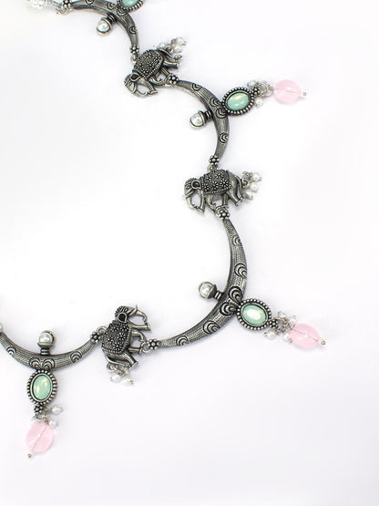 Silver-Plated Elephant Stones-Studded & Beaded Oxidised Jewellery Set