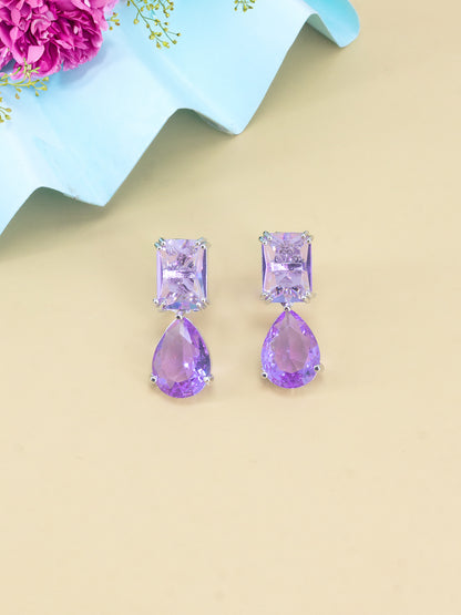 Rhodium Plated Purple American Diamond Teardrop Earrings