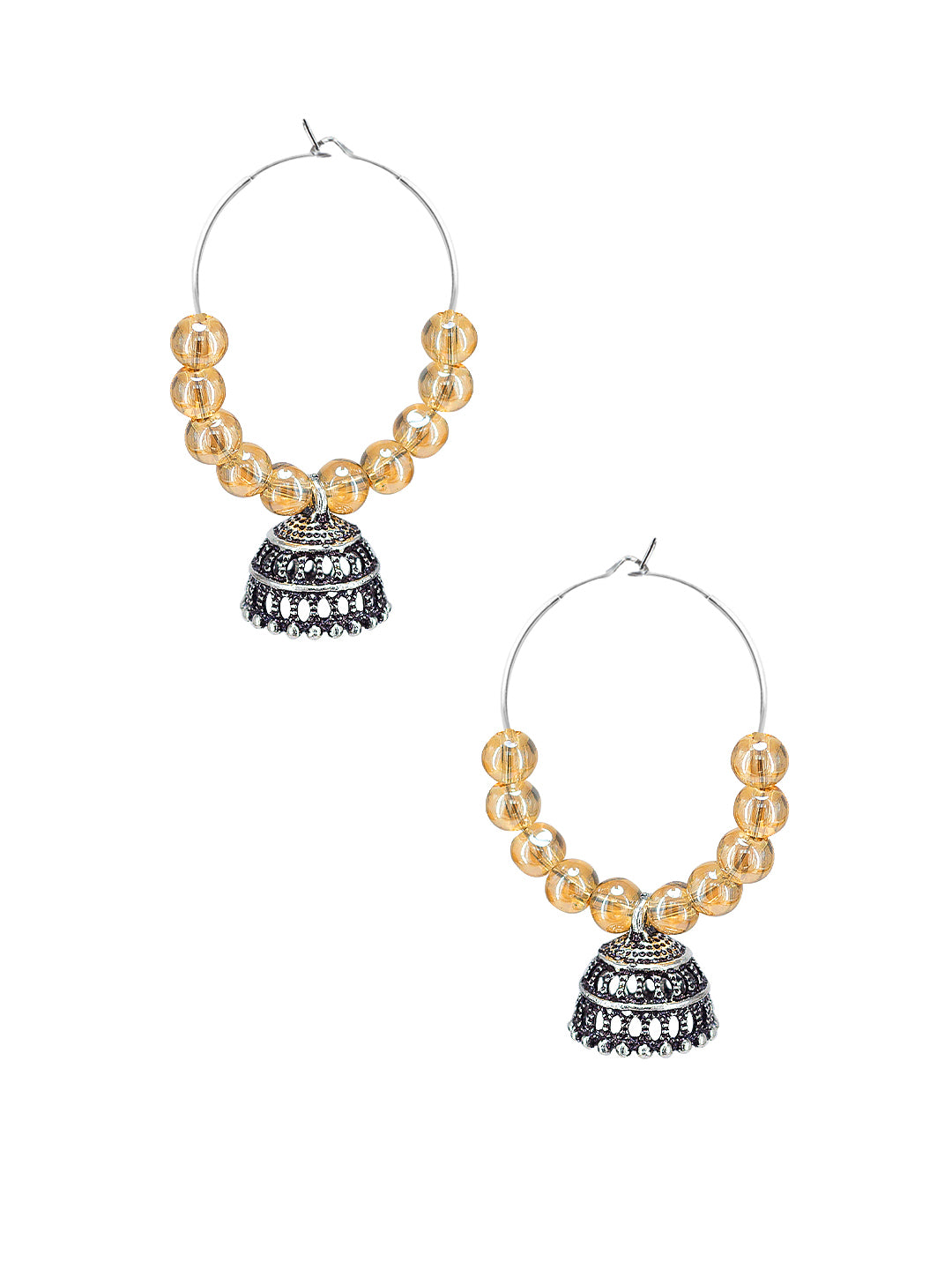 Silver Oxidised Brown Artificial Beaded Hoop Jhumki Earrings