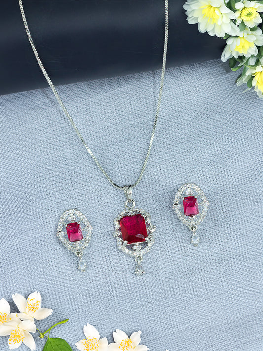 Rhodium Plated Red American Diamond Studded Pendant Set