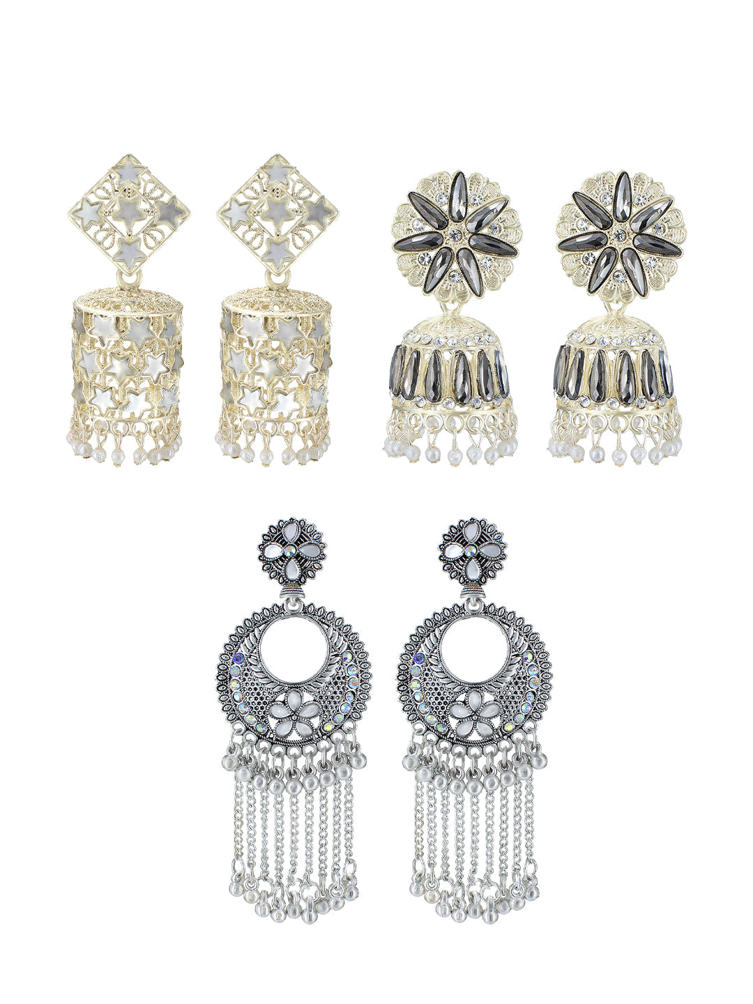 Pack of 3 Gold Plated & Silver Oxidised Artificial Beads & Mirror Studded Jhumka Earrings