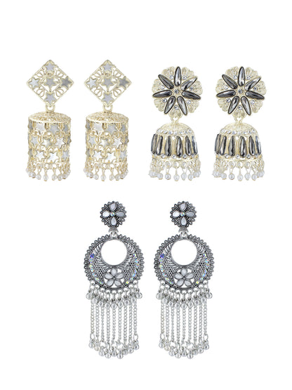 Pack of 3 Gold Plated & Silver Oxidised Artificial Beads & Mirror Studded Jhumka Earrings