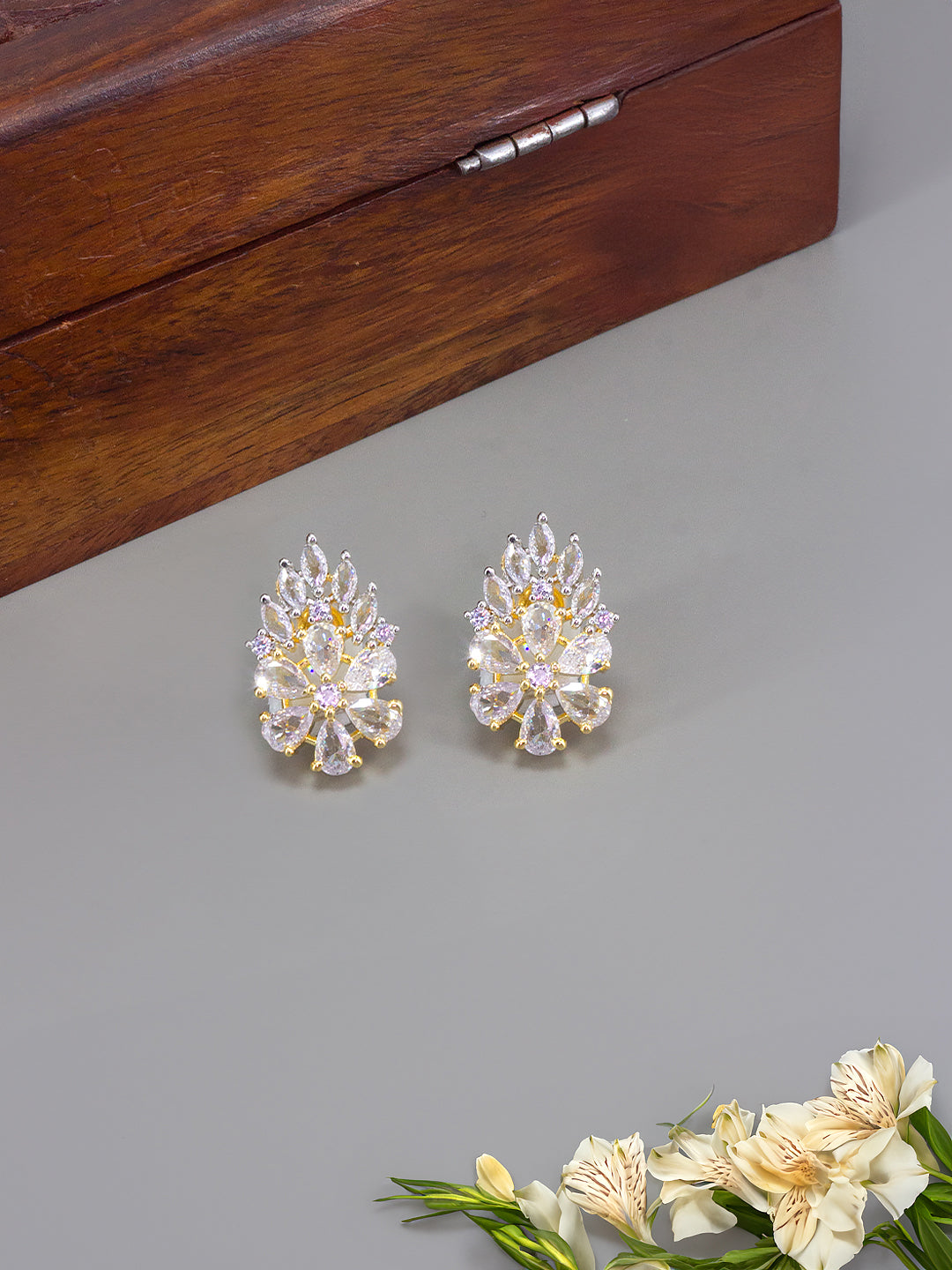 Gold Plated Floral American Diamond Stud Earrings