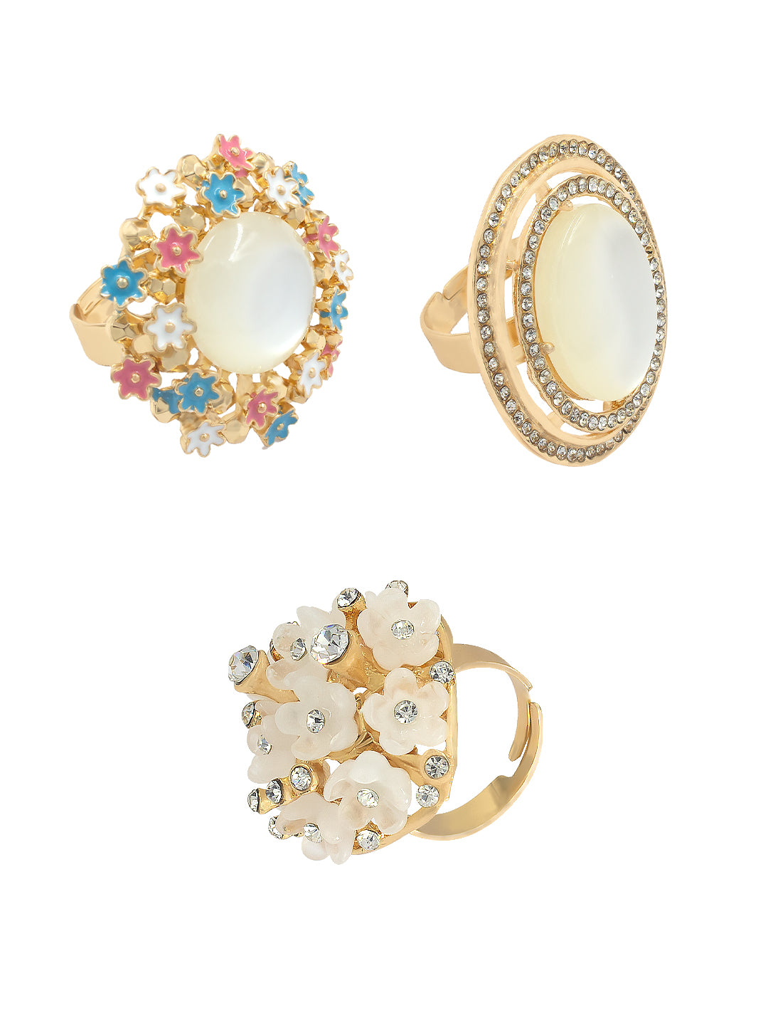 Set of 3 Gold Plated Artificial Stones Floral & Oval Adjustable Finger Rings