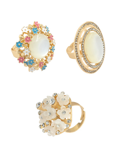 Set of 3 Gold Plated Artificial Stones Floral & Oval Adjustable Finger Rings