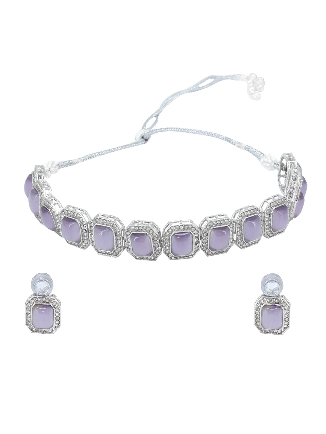 Silver-Plated Purple Kundan Stone-Studded Jewellery Set