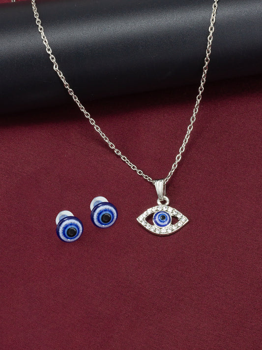 Silver Plated Evil Eye Shaped Pendant & Studs Set