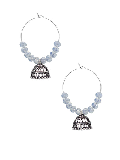 Silver Oxidised White Artificial Beaded Hoop Jhumki Earrings