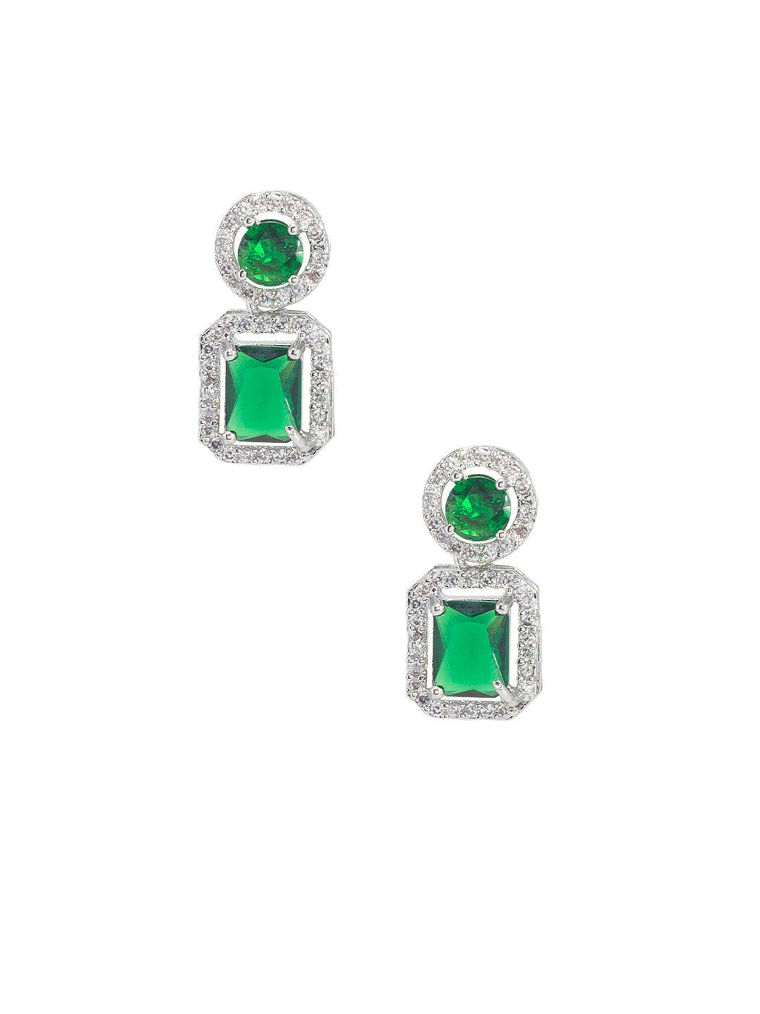 Rhodium Plated Green American Diamond Square Drop Earrings