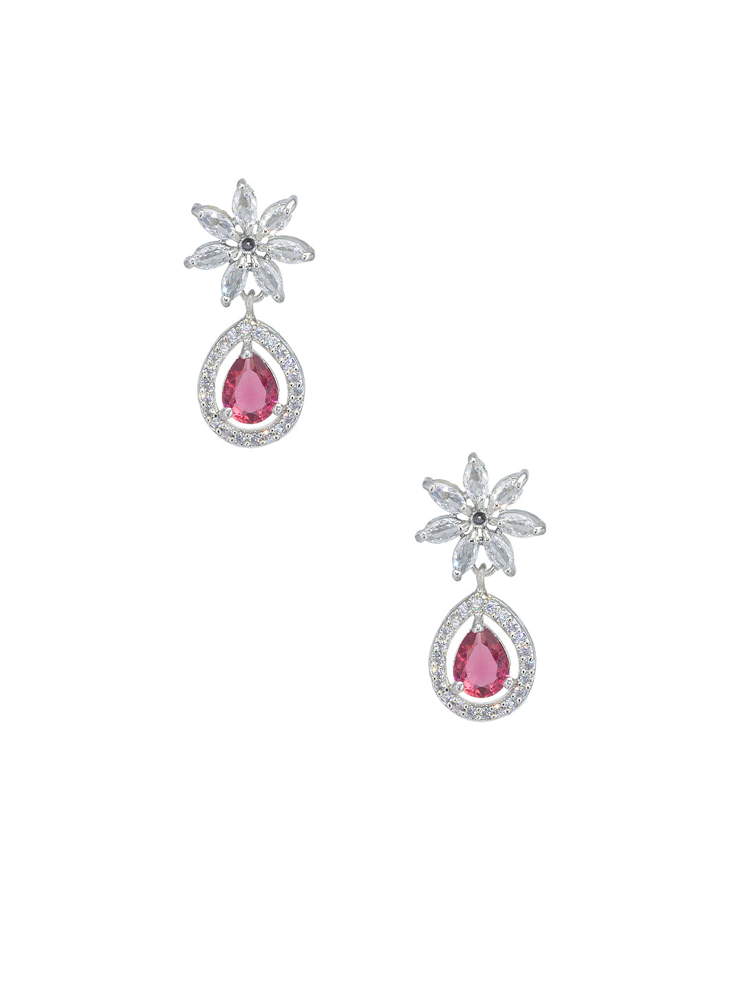 Rhodium Plated Red American Diamond Floral Drop Jewellery Set