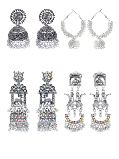 Pack of 4 Silver Plated Artificial Stones Studded Jhumka & Hoop Earrings