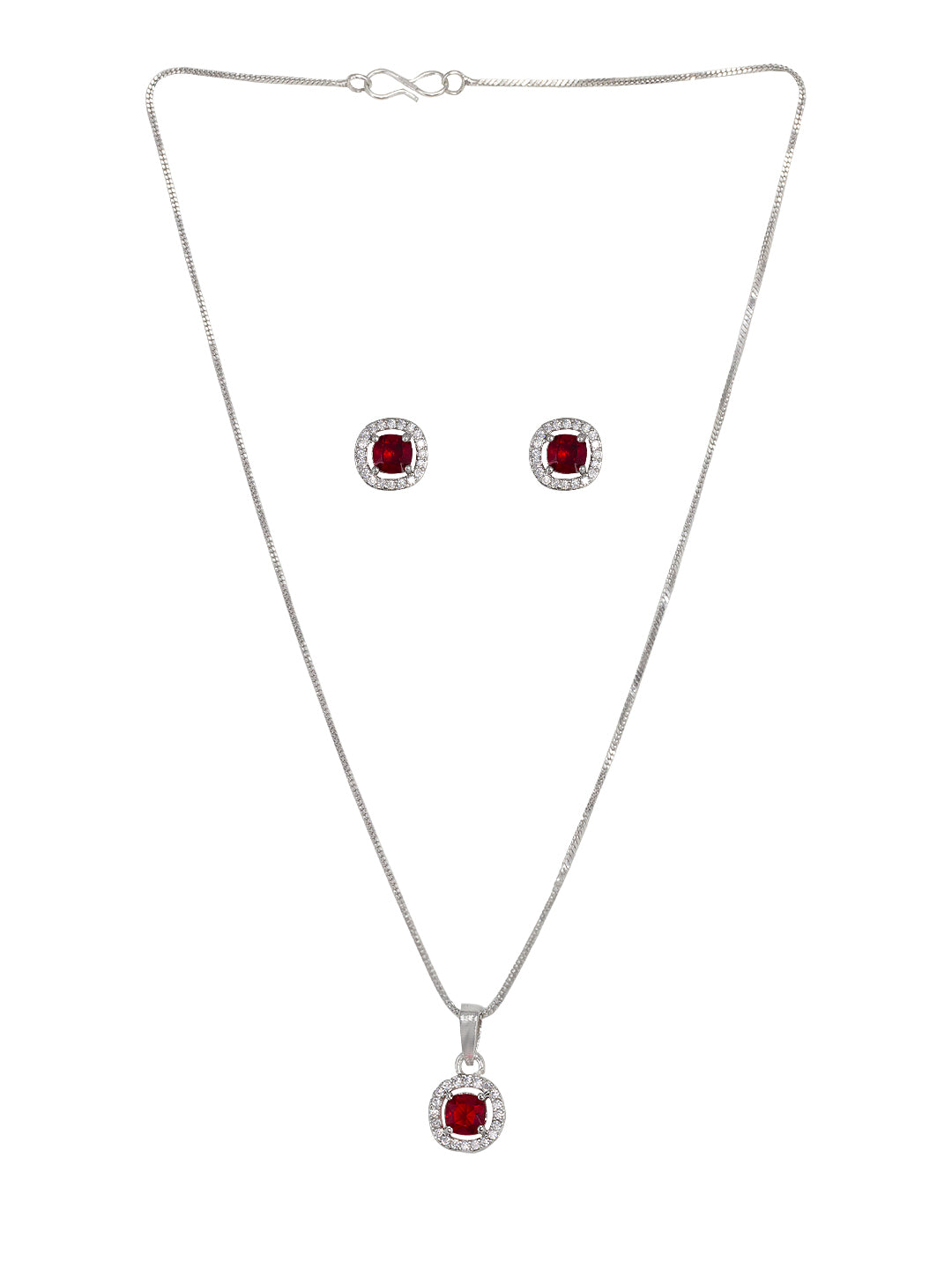 Rhodium Plated Red American Diamond Studded Pendant & Earring Set