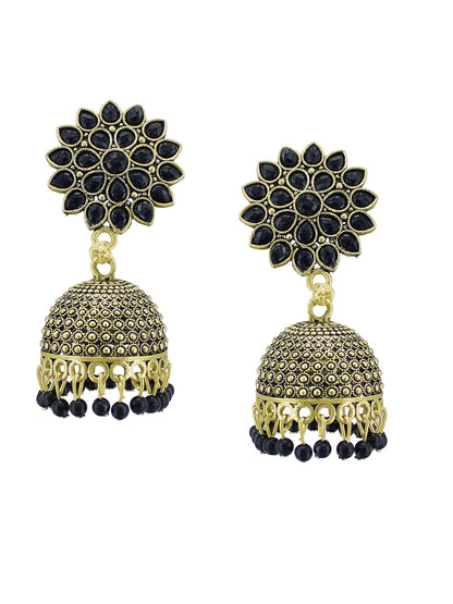 Gold Plated Black Floral Jhumka Earrings