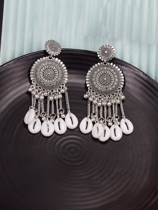 Silver Oxidised Floral & Artificial Shels Beads Jhumka Earrings