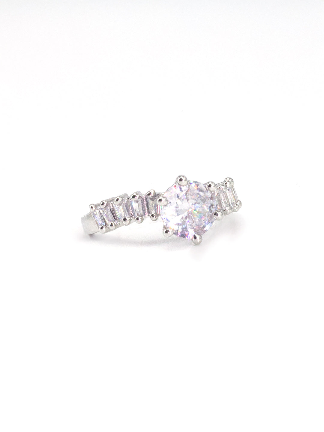 Rhodium Plated Solitaire American Diamond Adjustable Finger Ring