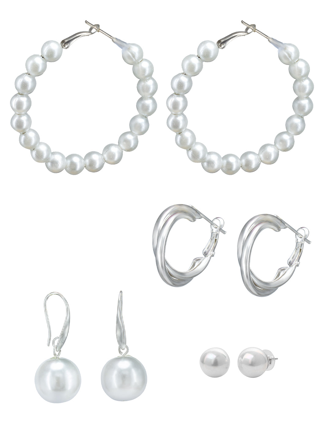 Pack of 4 Silver Plated Faux Pearl Studded Hoops & Studs Earrings