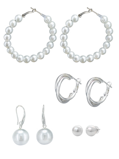 Pack of 4 Silver Plated Faux Pearl Studded Hoops & Studs Earrings