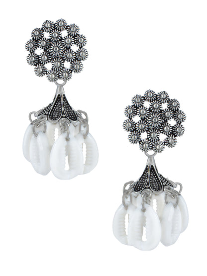 Silver Oxidised Floral & Artificial Shells Beads Jhumka Earrings