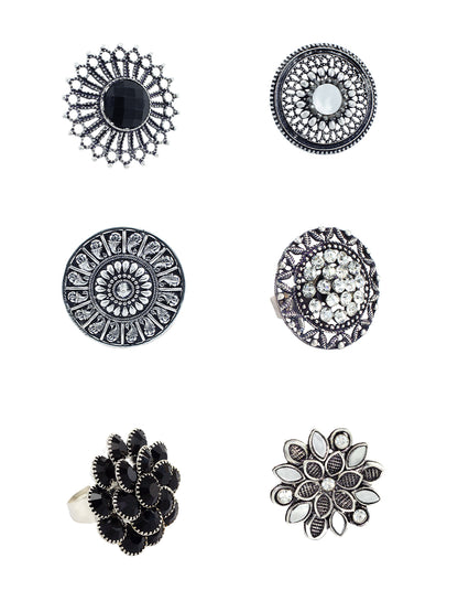 Set of 6 Silver Oxidised Black Artificial Stone Floral Adjustable Finger Ring