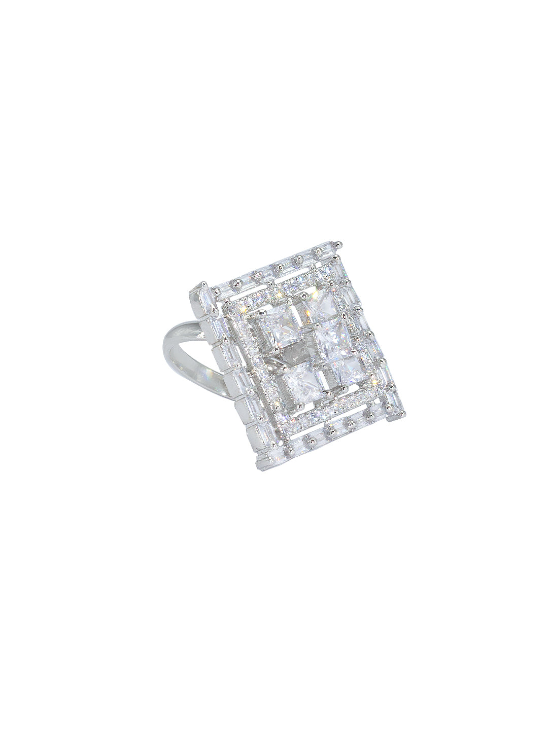 Rhodium Plated Square Cocktail American Diamond Adjustable Finger Ring