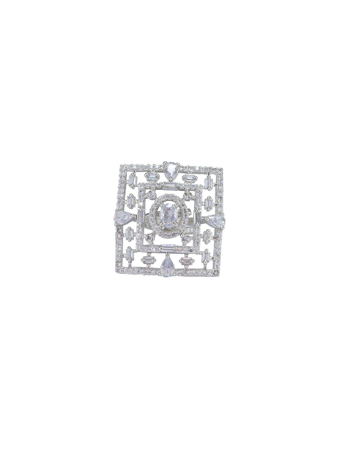 Rhodium Plated Square Cocktail American Diamond Adjustable Finger Ring