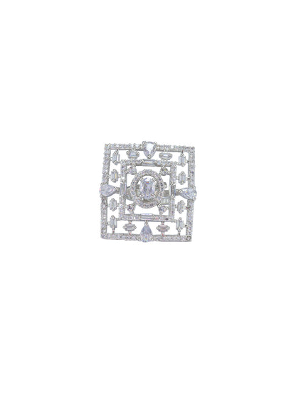 Rhodium Plated Square Cocktail American Diamond Adjustable Finger Ring