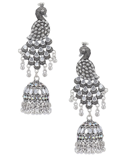 Silver Oxidised Peacock Jhumka Earrings