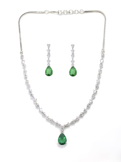 Rhodium Plated Green American Diamond Drop Trendy Jewellery Set