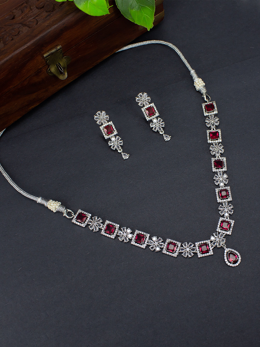 Rhodium-Plated Red American Diamond Studded Jewellery Set