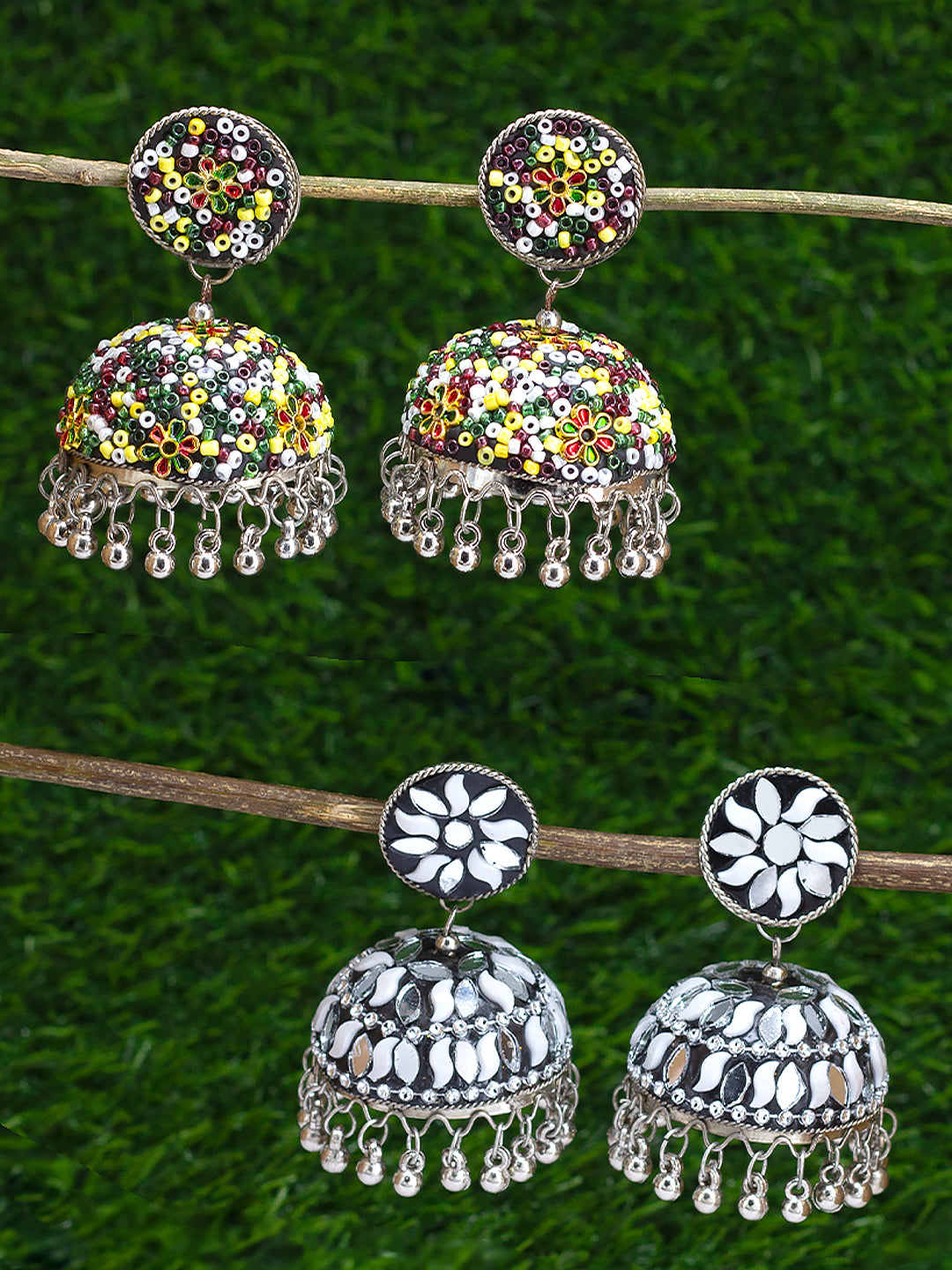 Pack of 2 Silver-Plated Dome Shaped Artificial Stones and Beads Jhumkas