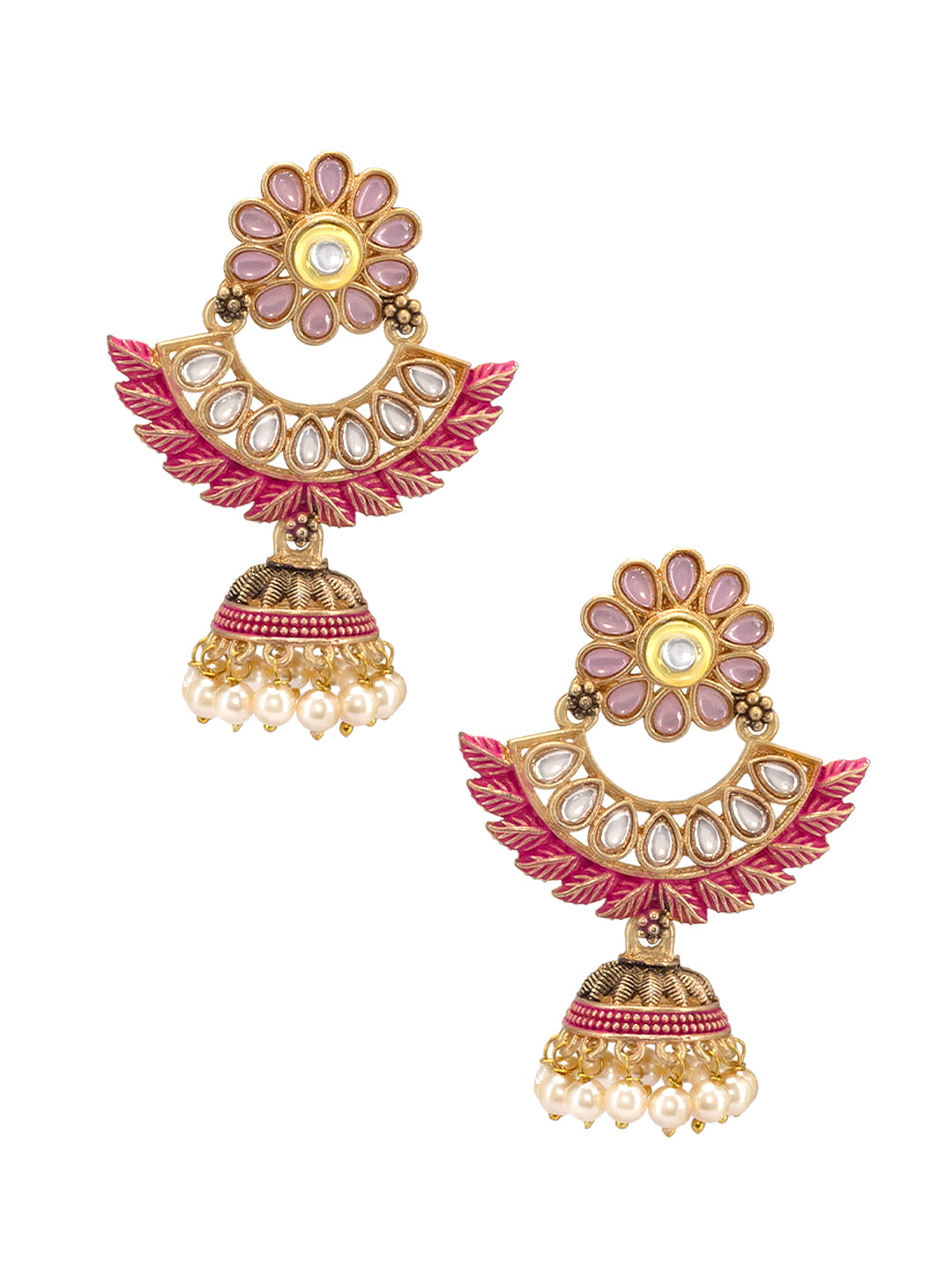 Gold Plated Red Floral Jhumka Earrings