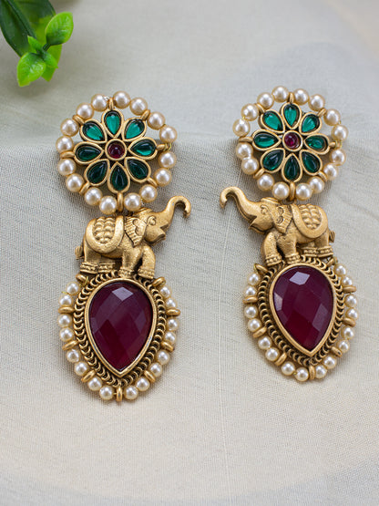 Gold-Plated Stone-Studded & Beaded Contemporary Drop Earrings