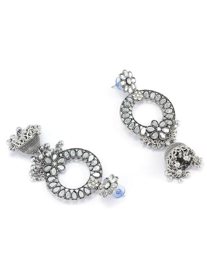 Silver Oxidised Floral Mirror Studded Chandbali Jhumka Earrings