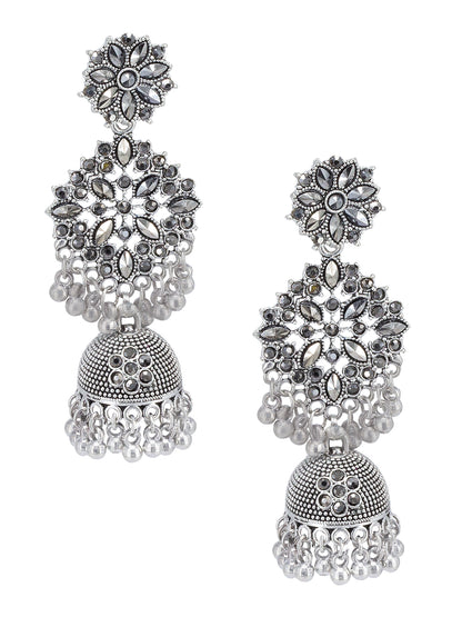 Silver Oxidised Floral Jhumka Earrings