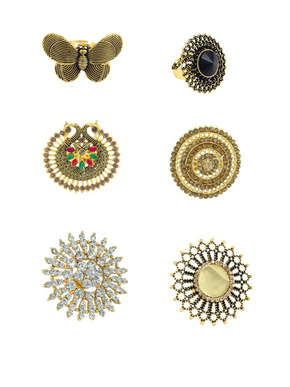 Set of 6 Gold Plated Artificial Stone Floral & Round Shaped Adjustable Finger Ring