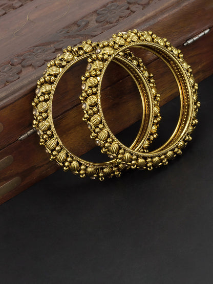 Set Of 2 Gold Plated Chunky Stones Studded Antique Bangles