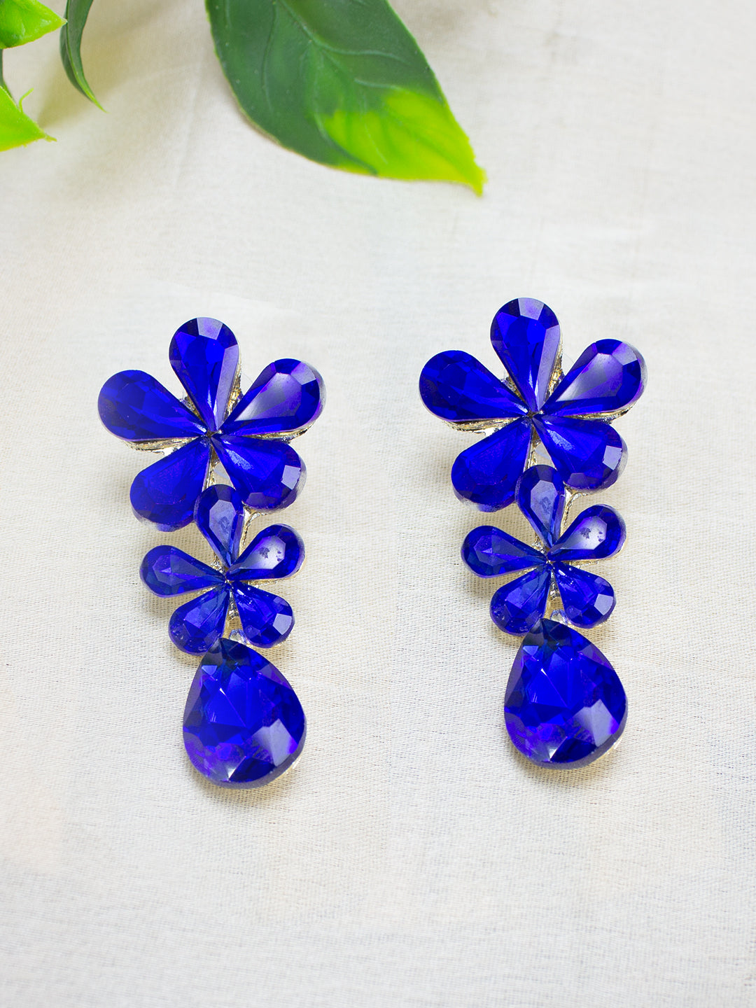 Blue Crystal Floral Drop Earrings