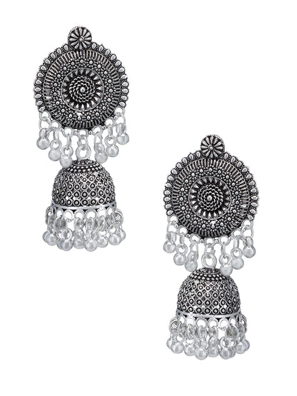 Silver Oxidised Floral Jhumka Earrings