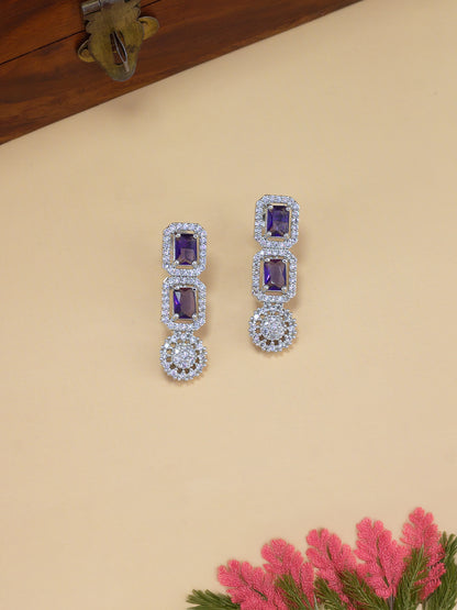 Rhodium Plated Floral Purple AD Trendy Drop Earrings