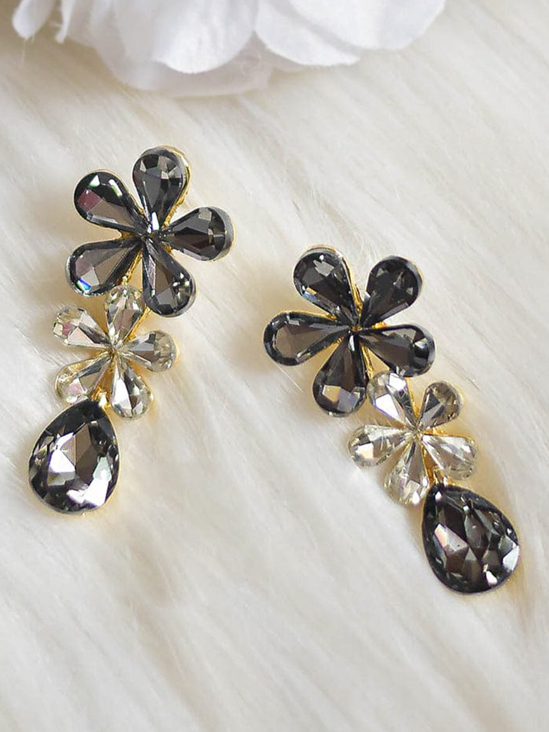 Black Crystals Studded Floral Drop Earrings