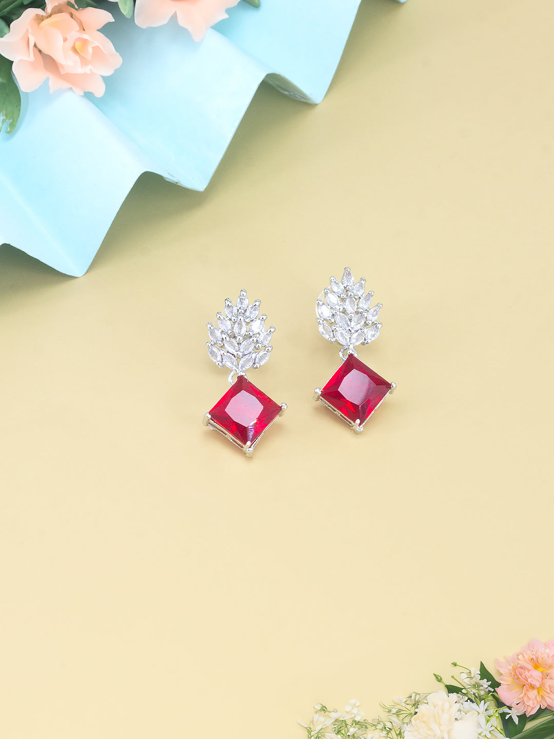 Rhodium Plated Red American Diamond Drop Earrings