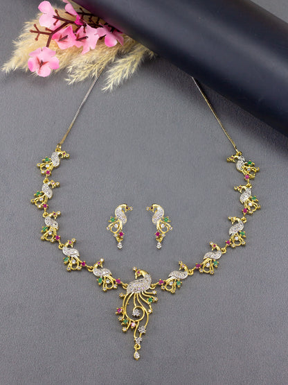 Gold Plated Peacock American Diamond Jewellery Set