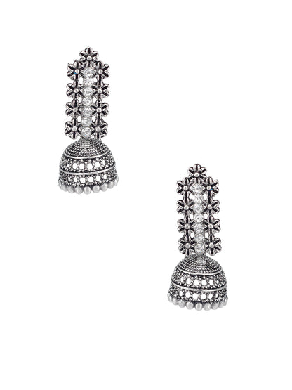 Silver Oxidised Floral & CZ Studded Jhumki Earrings